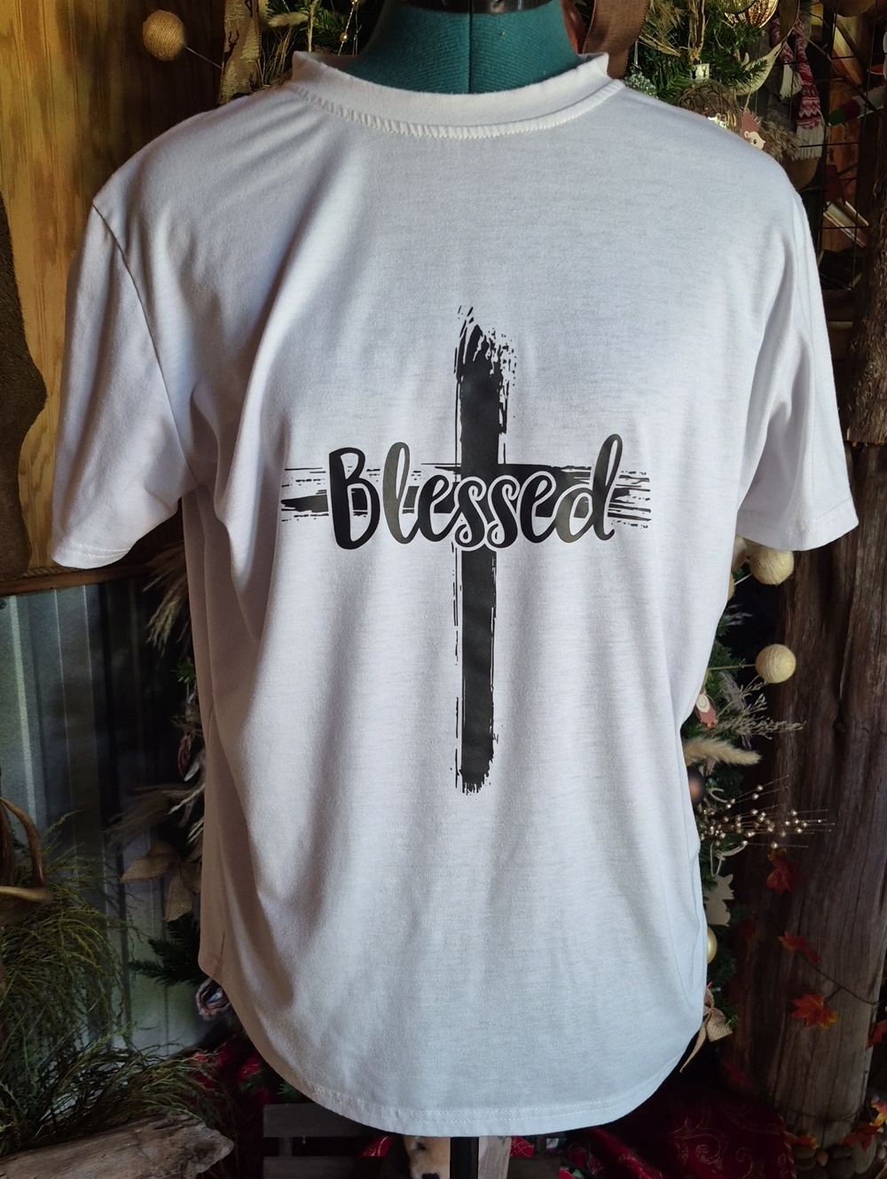 NFINITY White Tee with Black Brushstroke Cross and "Blessed" Script